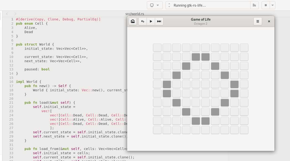 GNOME Builder running a Game of Life program.