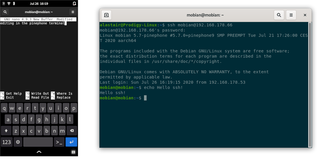 The terminal on PinePhone vs a remote session over ssh.