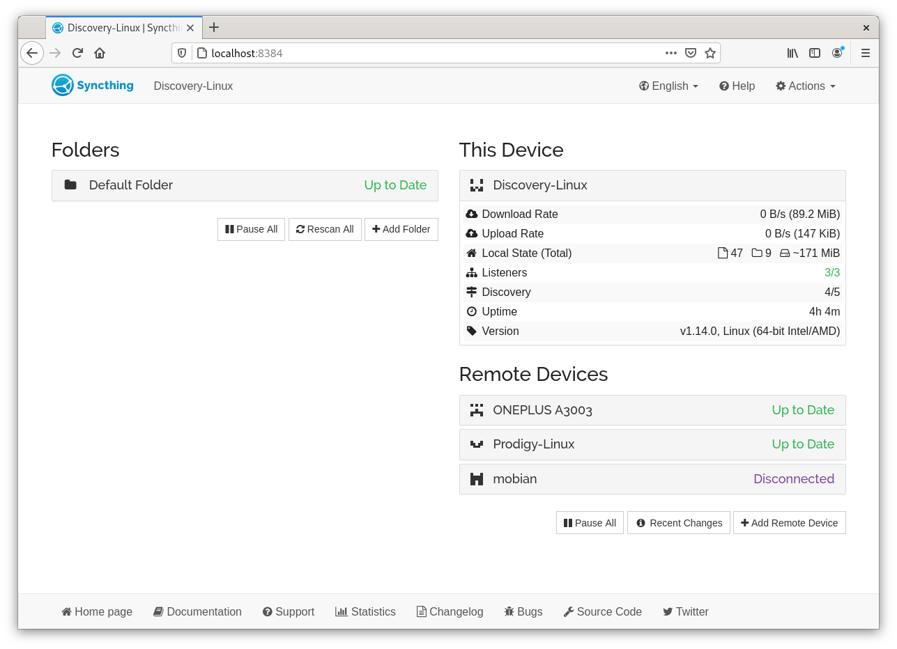 Syncthing web interface